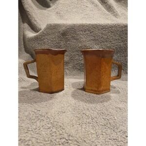 Vintage Set Of 2 Brown Handmade Pottery Mugs Cups Signed‎ Approx 4 In Tall